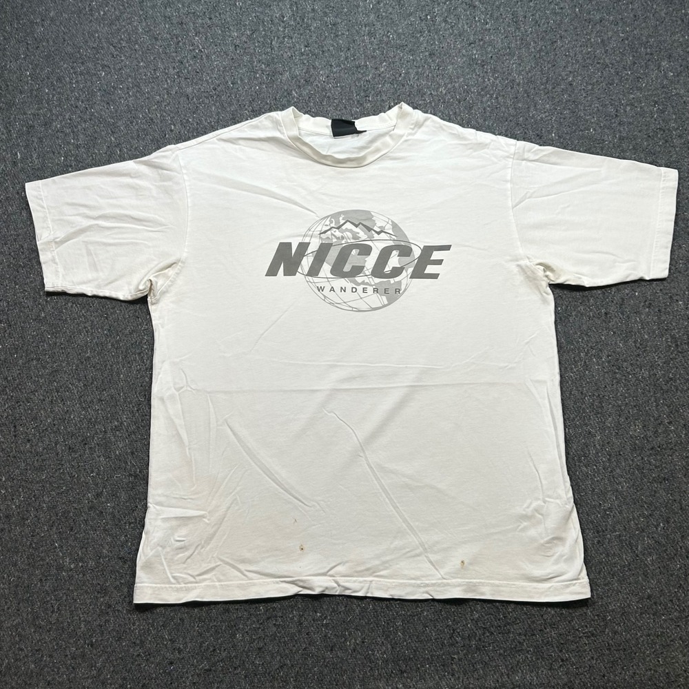 Nicce Wanderer TShirt Sz M Mens White Streetwear Globe Graphic Logo Skater Tee